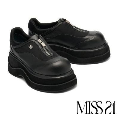厚底鞋 MISS 21 叛逆街頭黑系異材質拉鍊LOGO大頭厚底鞋-黑