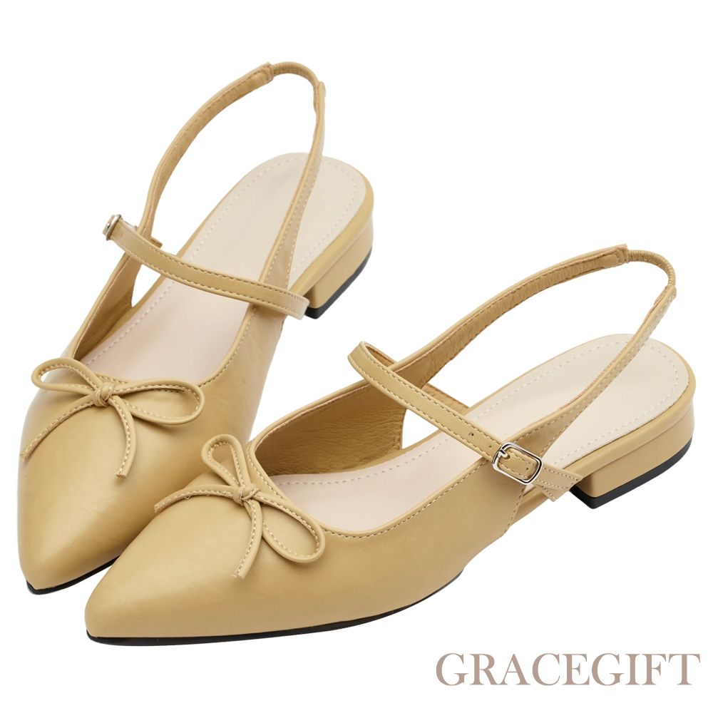 【Grace Gift】法式尖頭蝴蝶結後簍空芭蕾舞平底鞋 淺駝
