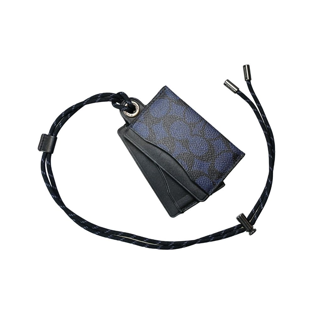 COACH藍黑C Logo PVC/黑色真皮頸掛式證件票卡夾組