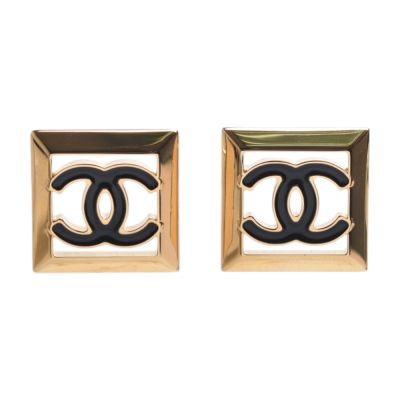 CHANEL 經典方形黑字雙C LOGO 針式耳環(黑/金)