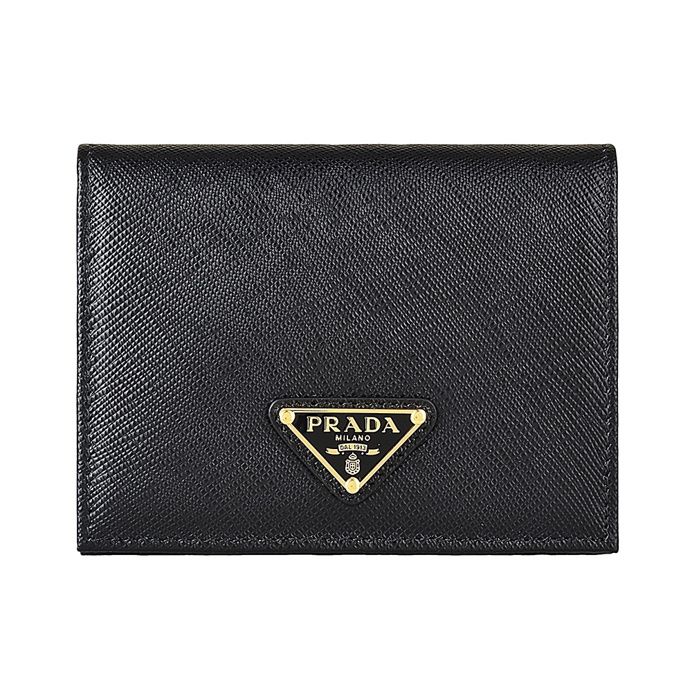 PRADA 普拉達  SAFFIANO TRIANG燙金三角LOGO防刮牛皮4卡扣式對折短夾(黑)