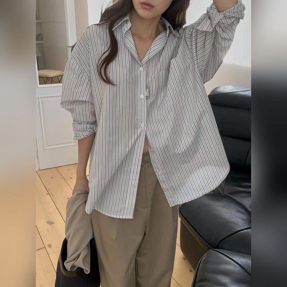正韓女上衣 條紋長袖襯衫PRP1021-創翊韓都