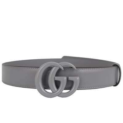 GUCCI 古馳 Marmont 灰色雙G釦環牛皮皮帶(95cm)