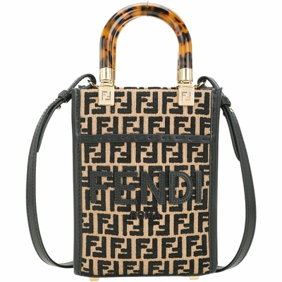 FENDI 芬迪 Sunshine 迷你型 小牛皮拼毛絨草編玳瑁提柄托特包(黑x卡其)