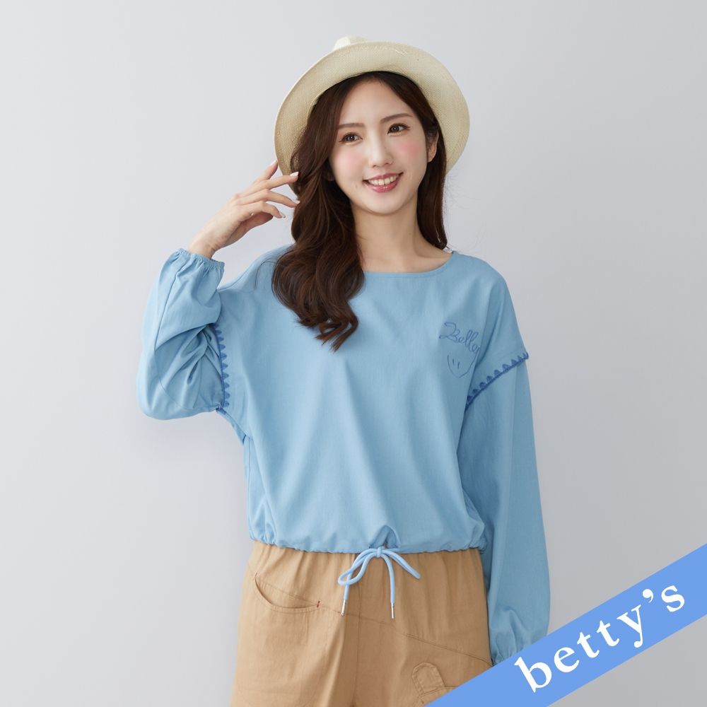 betty’s貝蒂思　微笑刺繡抽繩短版長袖上衣(藍色) (藍色)