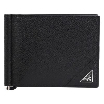 PRADA 金屬三角LOGO荔枝牛皮對開六卡短夾(黑)