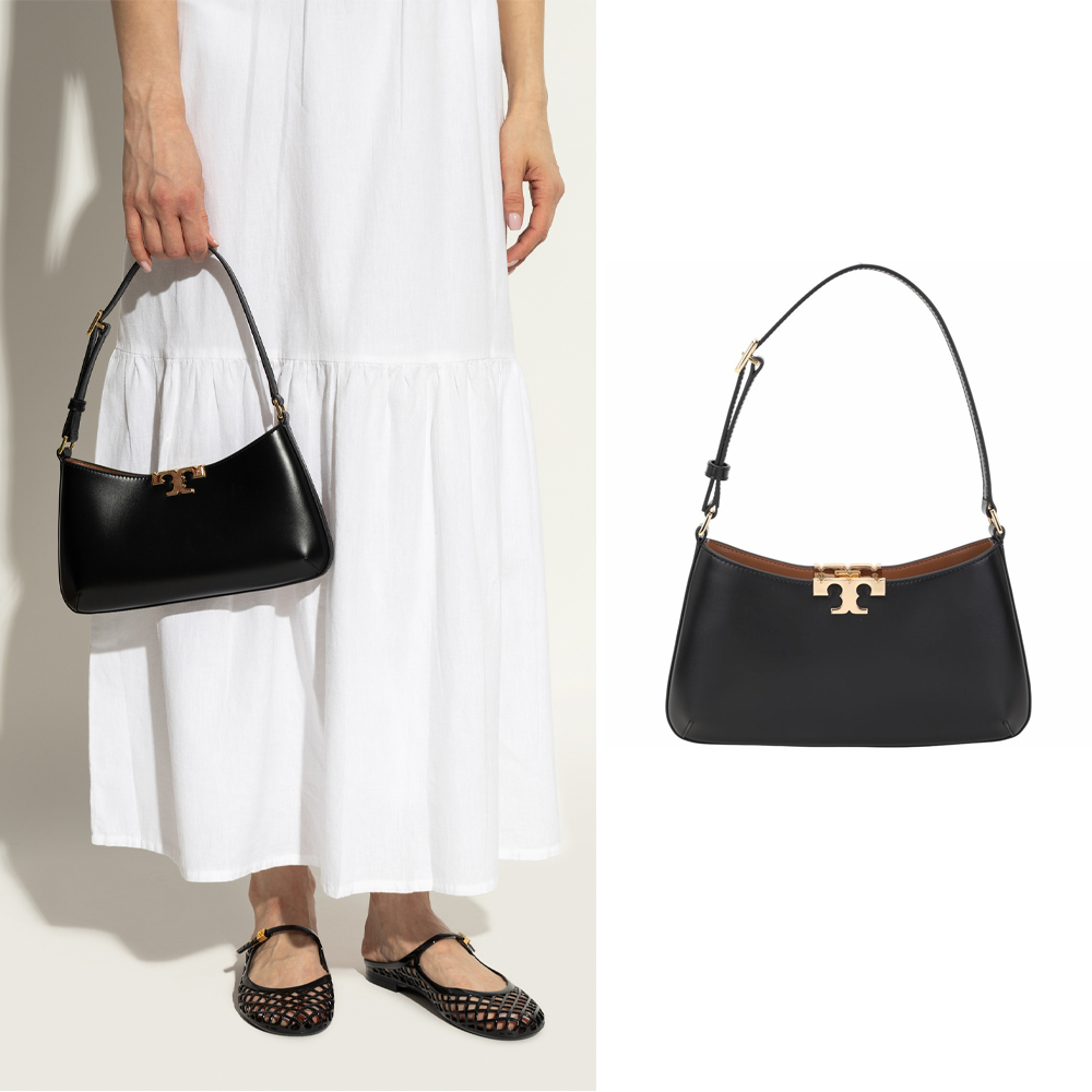 TORY BURCH Eleanor Slim T字標誌釦小牛皮單肩包(黑色)