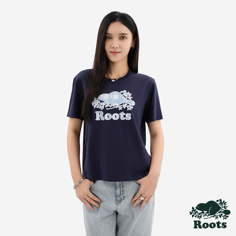 Roots 女裝- GINGHAM BEAVER 短袖上衣-靛青色