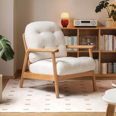 源氏木語奶油風小綿羊橡木實木單人沙發椅Y84S08高背款-(H014406528)