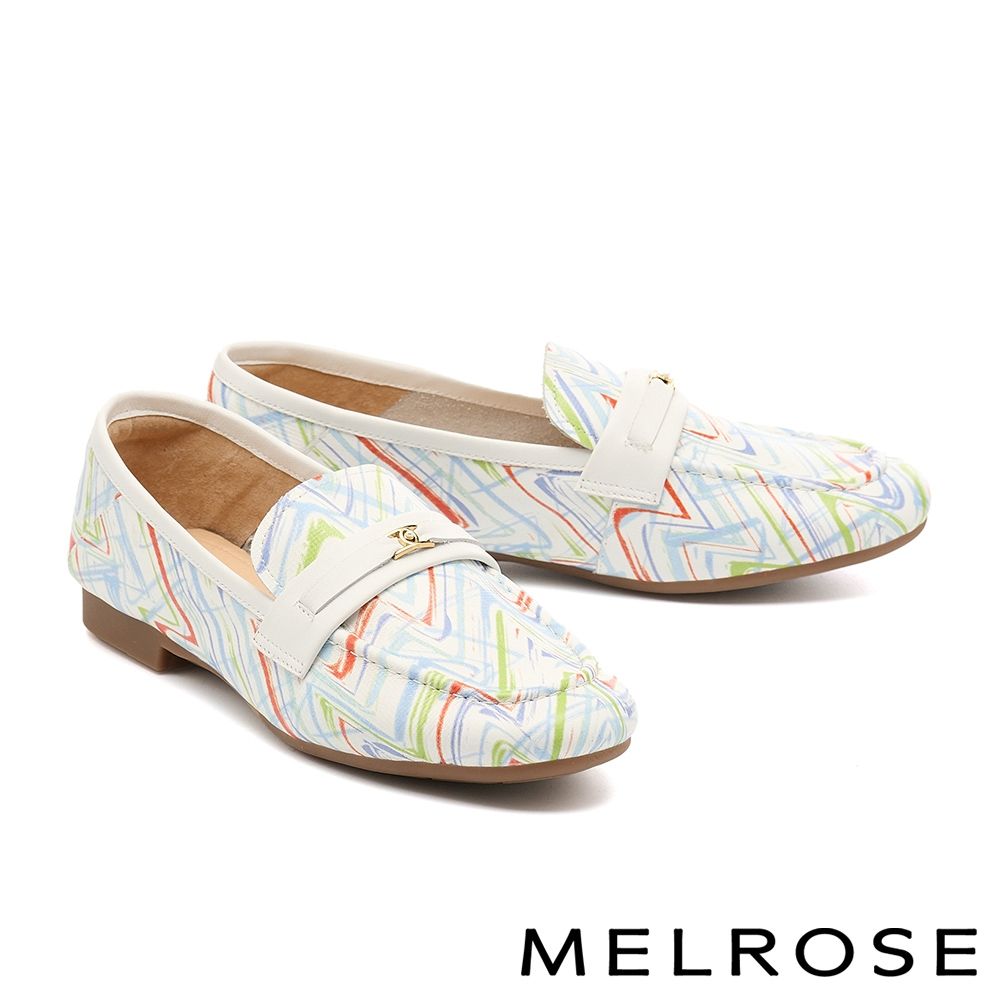 低跟鞋 MELROSE 美樂斯 復古時尚珍珠金屬釦花紋牛皮樂福低跟鞋－花紋