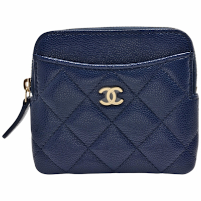 CHANEL 經典菱格粒紋牛皮金色雙C LOGO拉鍊卡夾/吐司零錢包(深藍色)