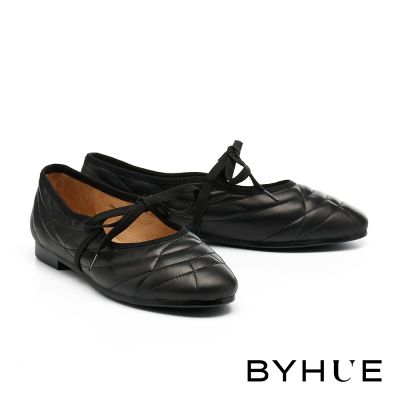 低跟鞋 BYHUE 純欲清新純色綁帶羊皮軟芯Q底瑪莉珍低跟鞋-黑