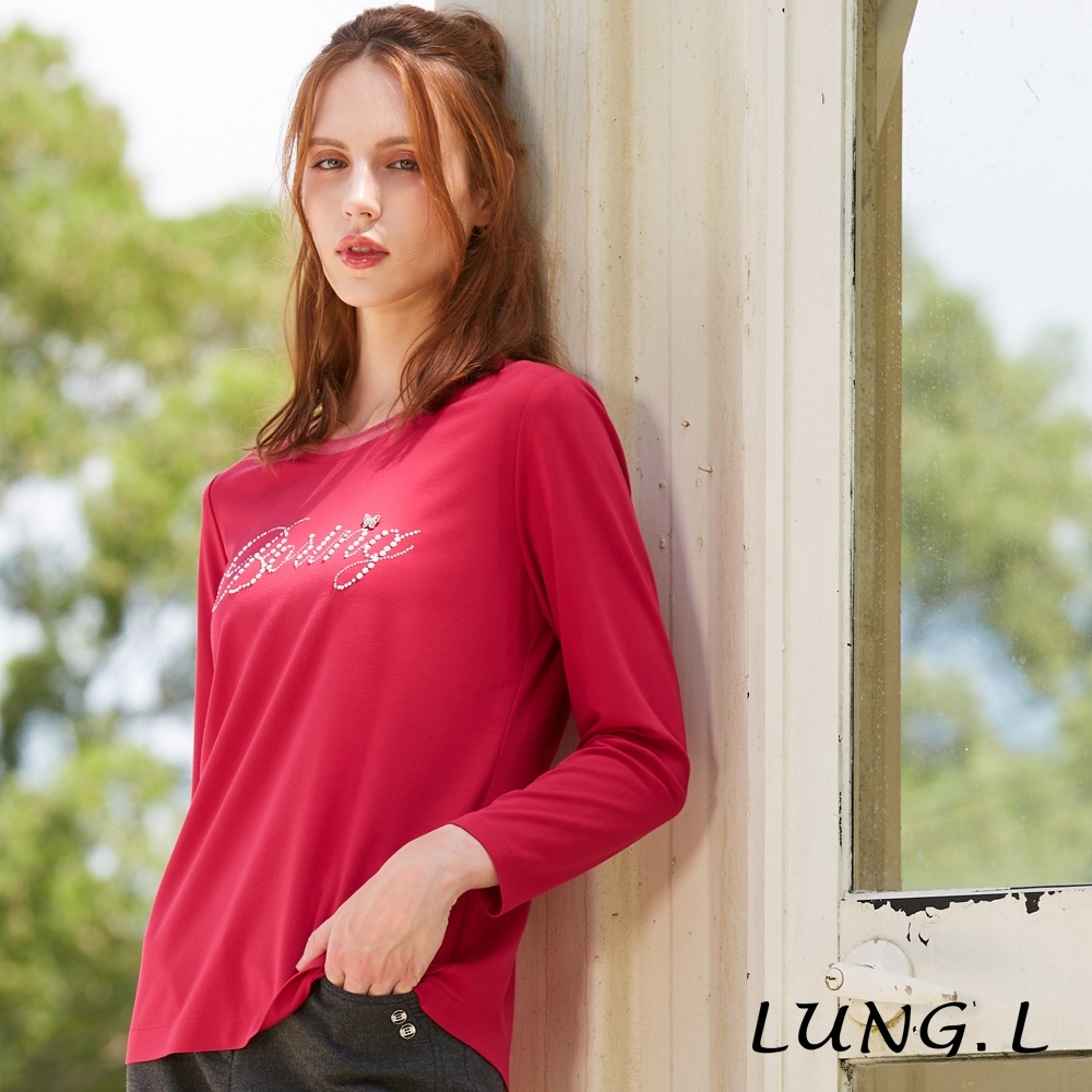 LUNG.L林佳樺 桃紅色胸前英文字母燙鑽長袖女裝上衣LQ90A16