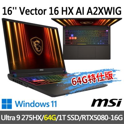 msi微星 Vector 16 HX AI A2XWIG-014TW 16吋 電競筆電 (Ultra 9 275HX/64G/1T SSD/RTX5080-16G/Win11-64G特仕版)