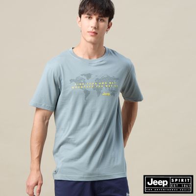 JEEP  男裝 冒險足跡地圖印花短袖T恤-霧藍色