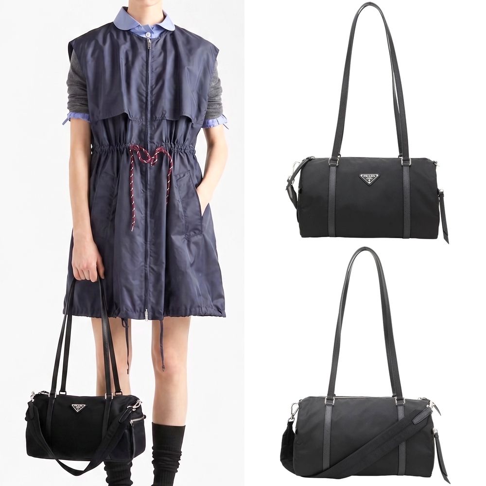 PRADA 普拉達 Re-Nylon 大款 三角牌尼龍x防刮牛皮 長提把肩背包(黑色)