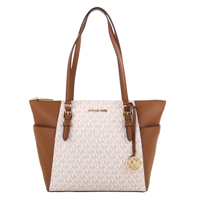 MICHAEL KORS  金字雙側口袋拼色防刮拉鍊托特包(駝x白)