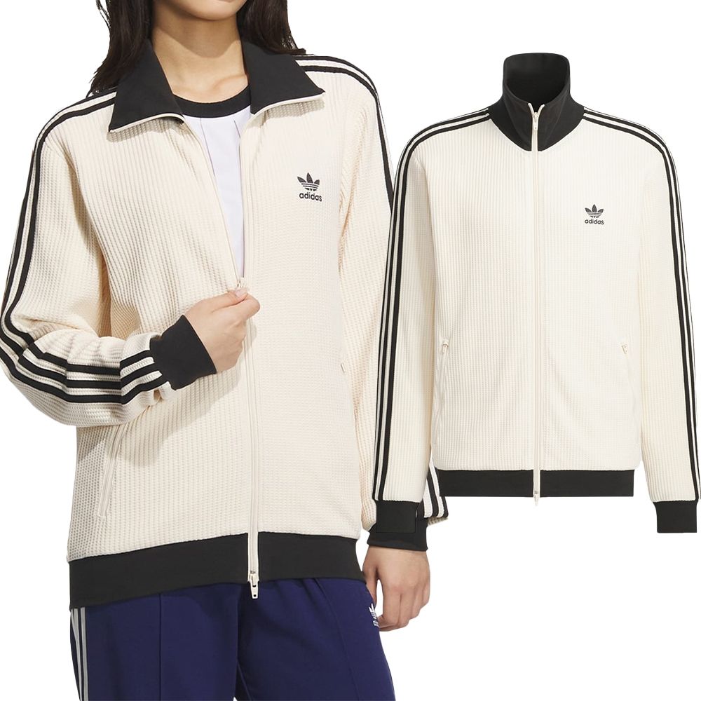 adidas WAFFLE BB TT 白　XS Adidas Waffle Bbtt 男款女款米白色修身立領雙向拉鍊運動外套JW0109