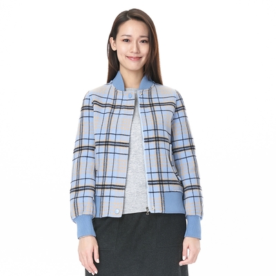 KeyWear奇威名品 格紋雙面呢短款棒球服外套-淺藍色