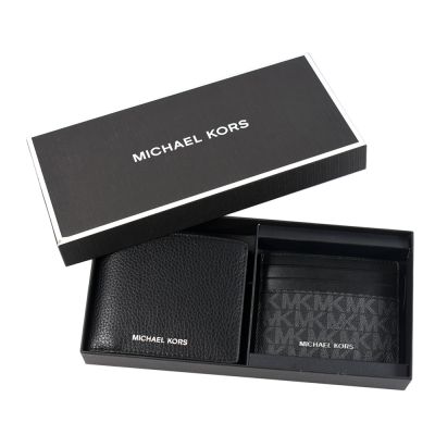 MICHAEL KORS 男款 鵝卵石紋八卡短夾/名片夾禮盒-黑色