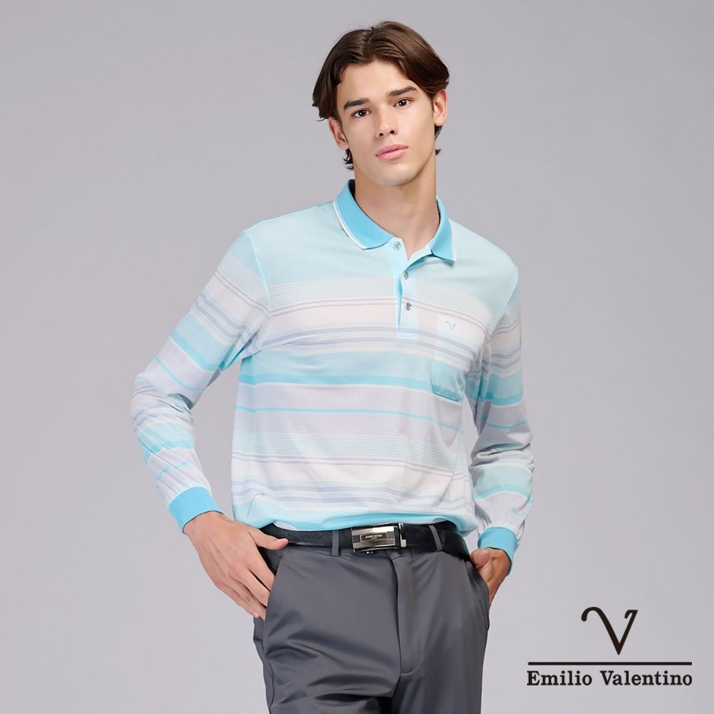 Emilio Valentino 范倫鐵諾 男 長袖POLO衫 精梳棉 舒適透氣 口袋 上衣 薄長袖 新品 台灣製造_藍/灰/白(21-6V0853)