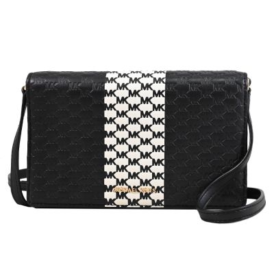 MICHAEL KORS JET SET 浮雕金屬LOGO壓紋皮革翻蓋式斜背包(黑)