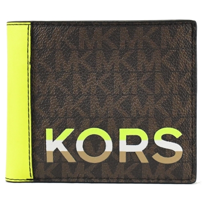MICHAEL KORS COOPER 經典MK印花撞色八卡對開短夾(咖/螢光黃-全新福利品)
