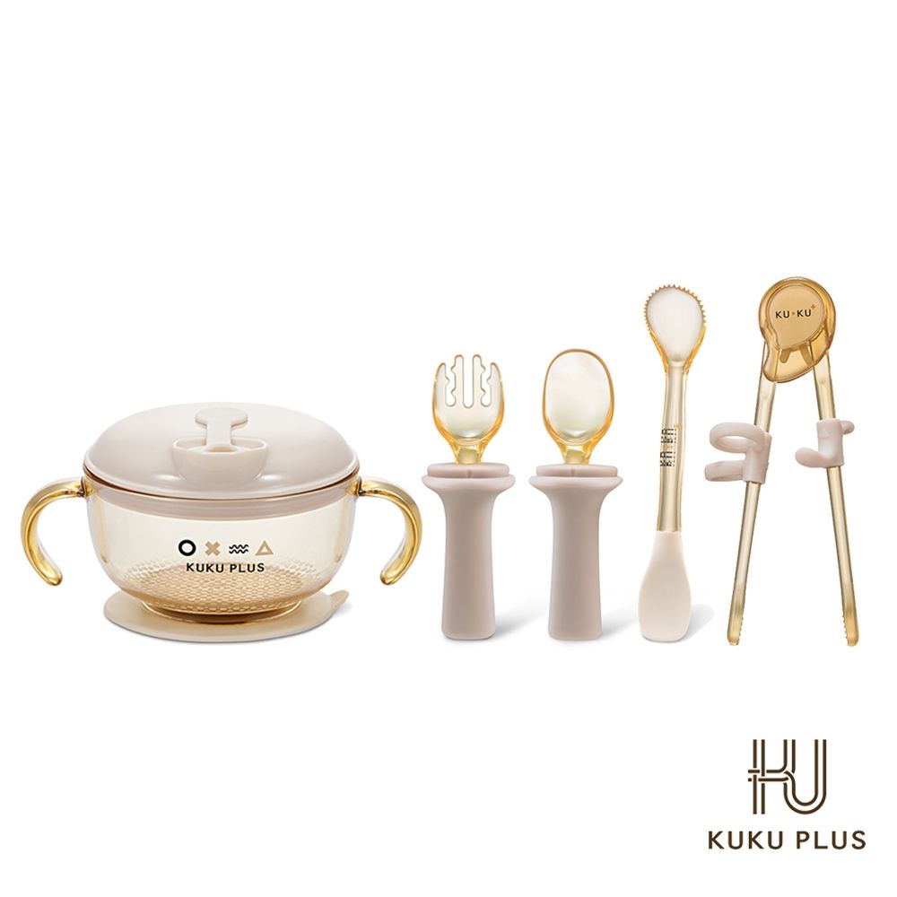 酷咕鴨 KUKU PLUS PPSU全套餐具組(多功能學習吸盤碗/2合1雙頭果泥湯匙/學習餐具組/多階段學習筷)