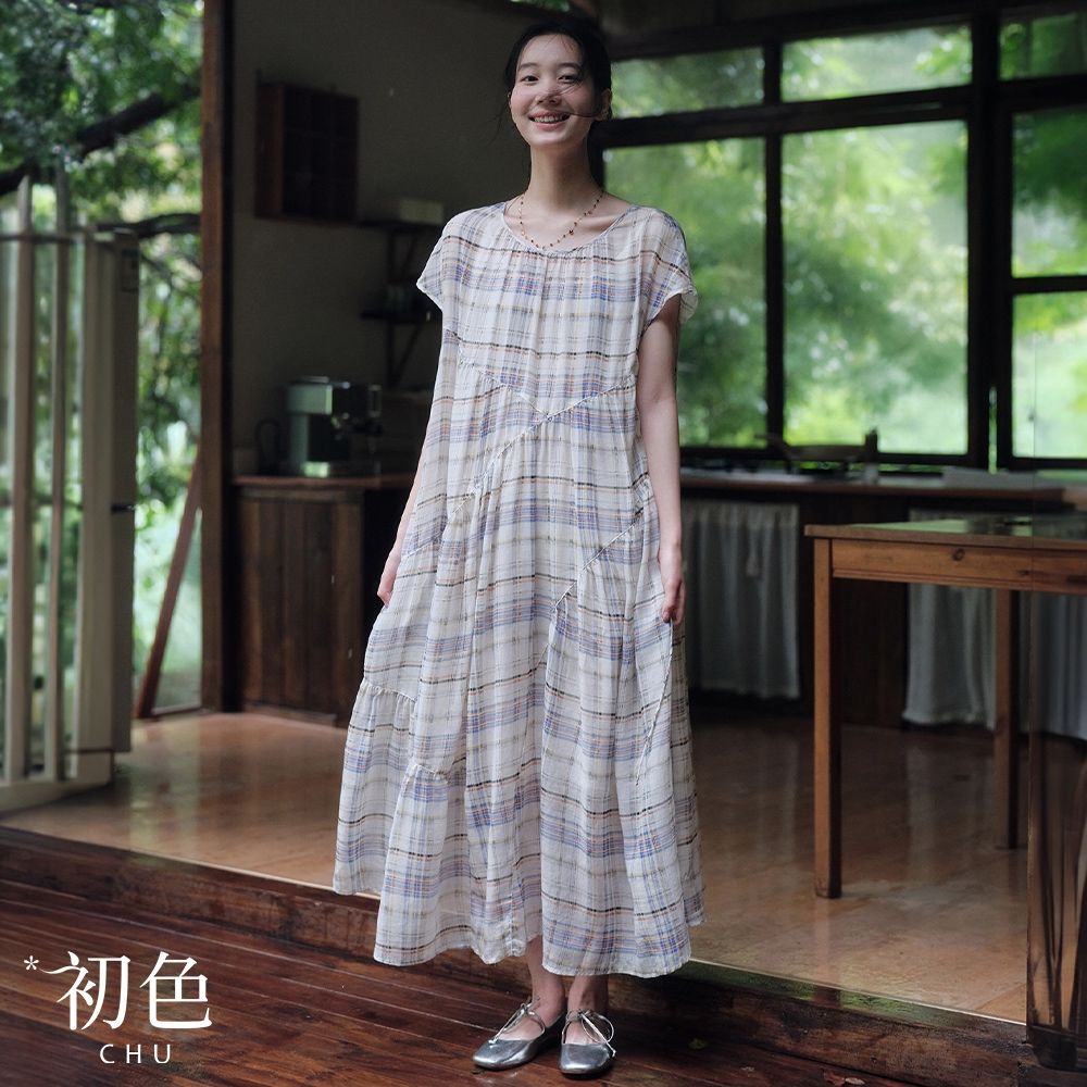 初色 復古文藝風圓領撞色格紋綁帶褶皺拼接寬鬆短袖中長裙連衣裙連身洋裝-格紋-51574(M-2XL可選)