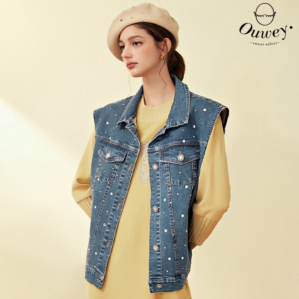 OUWEY歐薇 時髦燙鑽微落肩純棉牛仔背心(藍色；S-M)3223138309