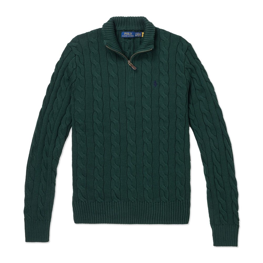 Polo Ralph Lauren RL 熱銷刺繡小馬立領半開襟麻花毛衣-墨綠色