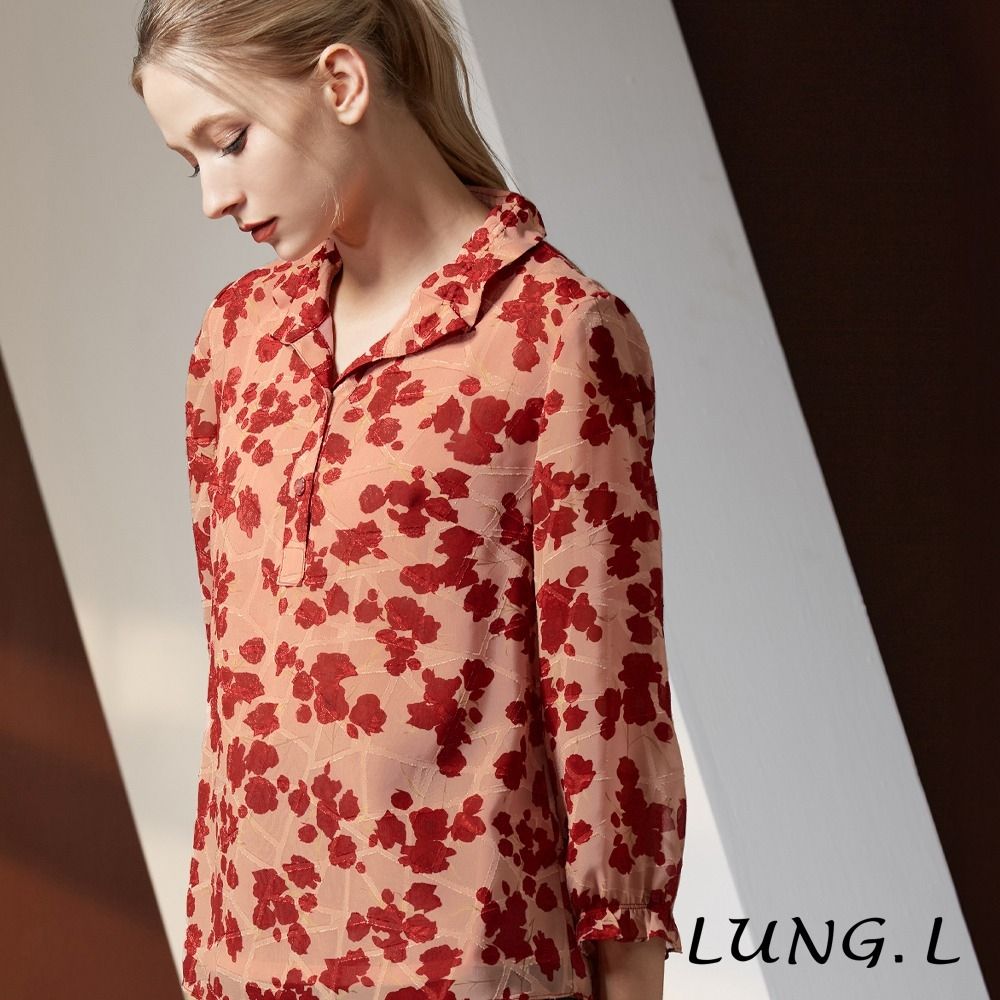 LUNG.L林佳樺 紅色花卉提花半開襟雪紡七分袖上衣 LX68A