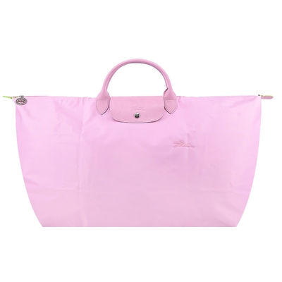 LONGCHAMP LE PLIAGE GREEN系列刺繡短把再生尼龍摺疊旅行袋(特大/粉紅)