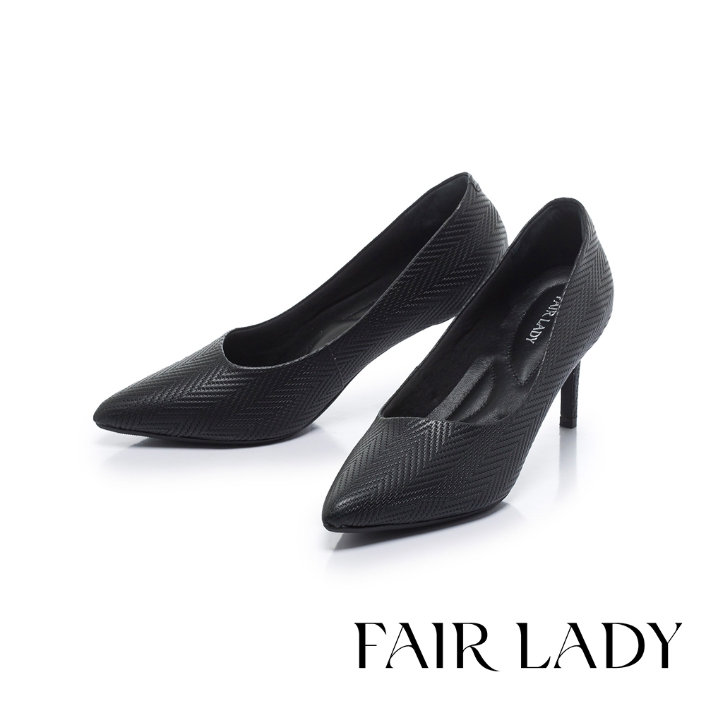 FAIR LADY 芯太軟 質感壓紋斜口細高跟鞋 黑 (602840)