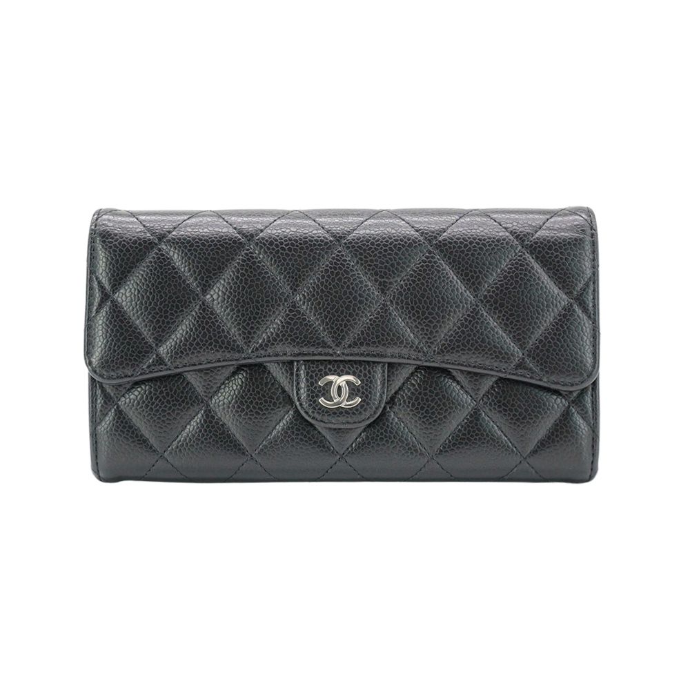 二手品 Chanel 香奈兒 經典銀雙C粒紋牛皮釦式翻蓋二折長夾(AP0241-黑)