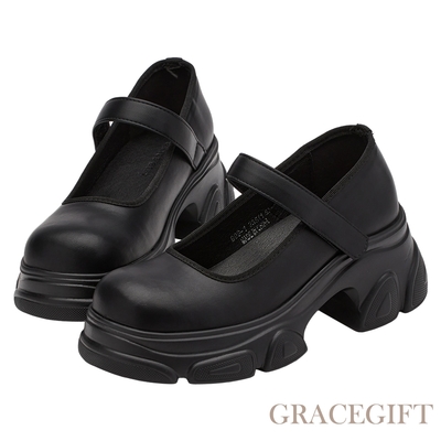 【Grace Gift】英倫百搭厚底瑪莉珍芭蕾運動鞋 黑