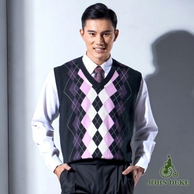 JOHN DUKE 約翰公爵視覺注目交錯菱格毛衣背心 黑灰紫(87-1Y5055)