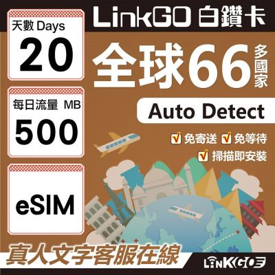 LINKGO白鑽卡 全球66國 eSIM卡 20天上網絡卡 每日500MB(全球網絡卡 亞洲 歐洲 美洲 大洋洲 非洲)