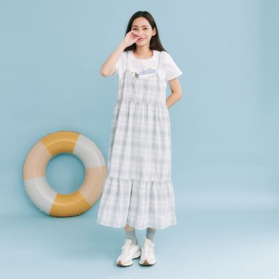 【DAILO】貓咪刺繡A字拼接細褶洋裝 藍 黃