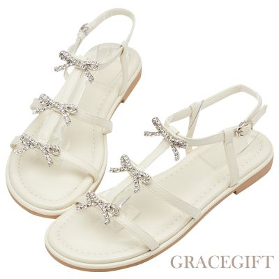 【Grace Gift】浪漫水鑽蝴蝶結澎澎鞋墊繞踝涼鞋 杏