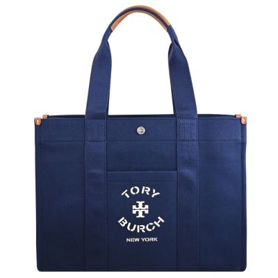TORY BURCH 燙印LOGO帆布肩背托特包(海軍藍-大款)
