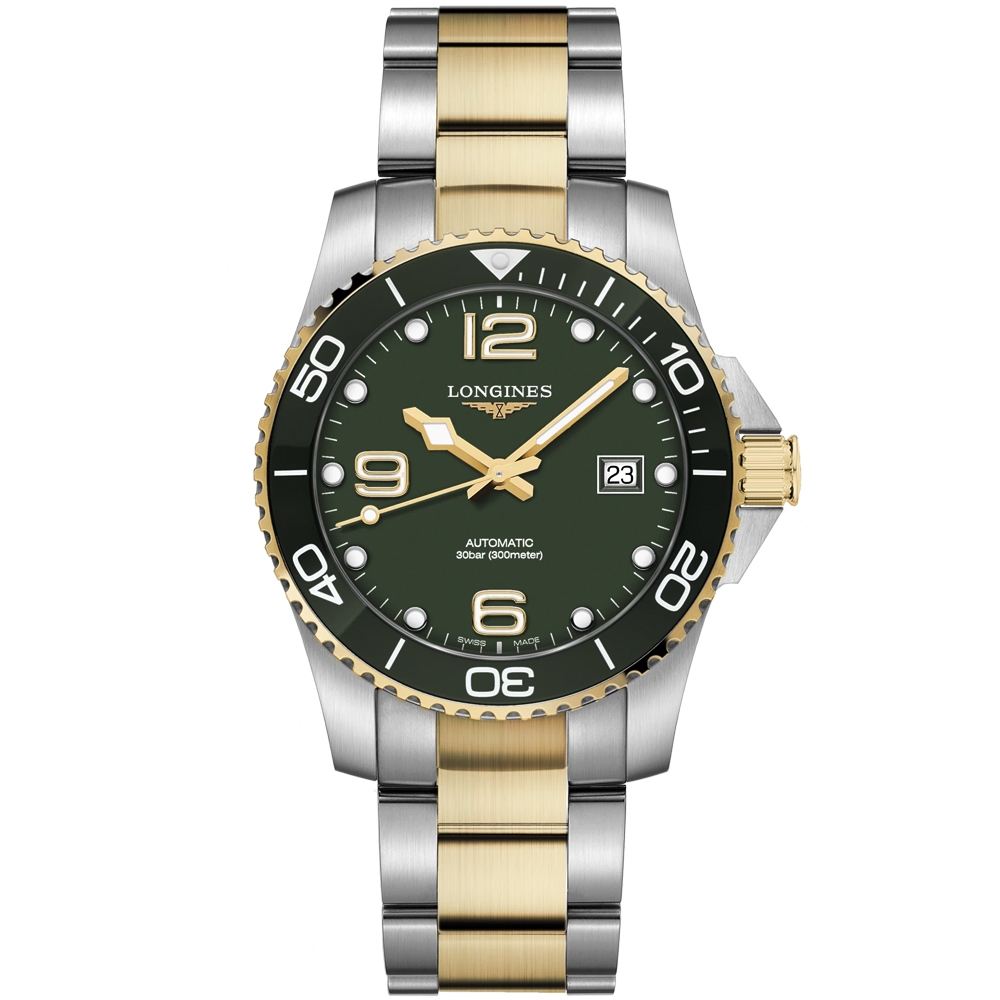 浪 LONGINES 浪琴官方授權深海征服者浪鬼陶瓷潛水機械錶-綠x金/41mm L3