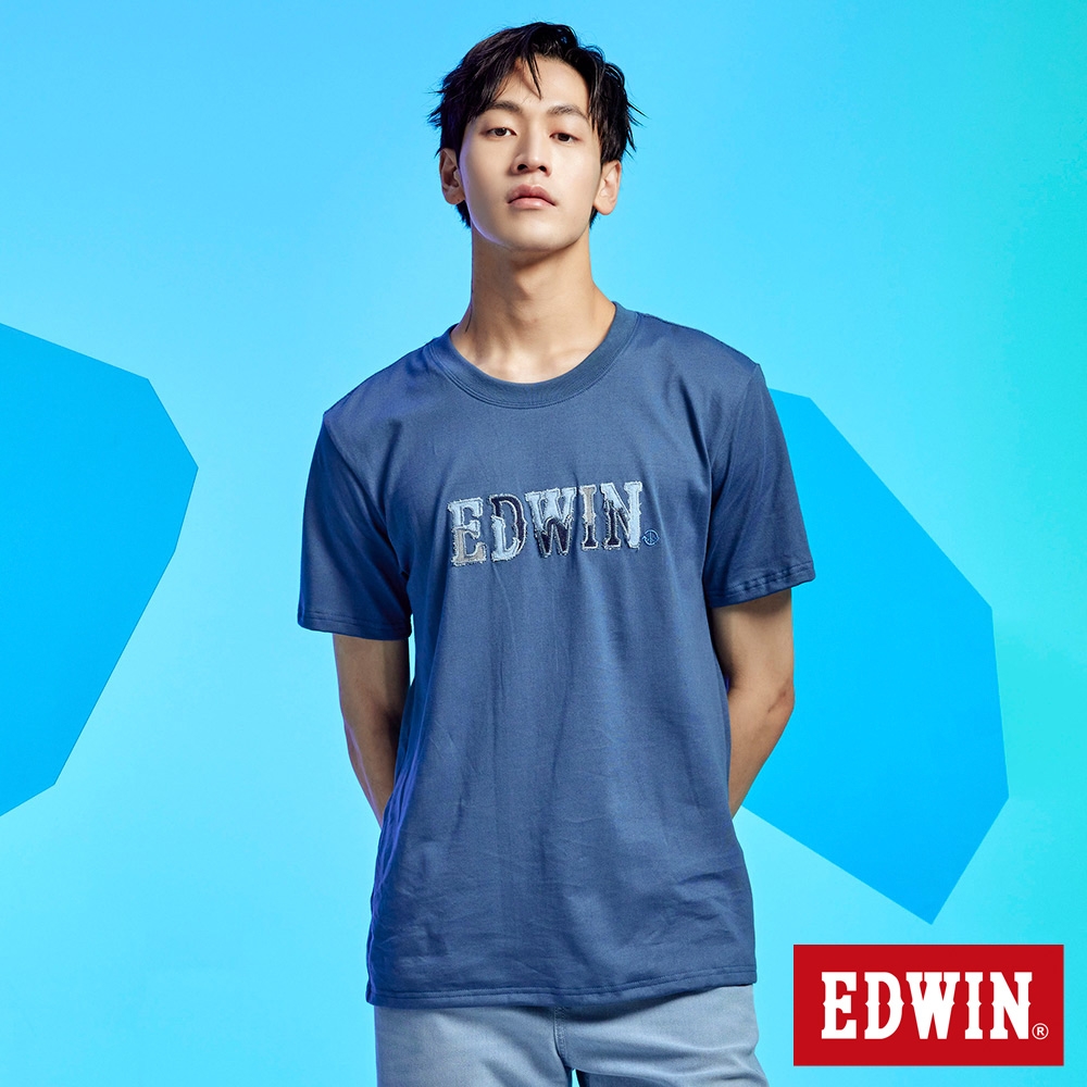 EDWIN 男裝 拼布LOGO短袖T恤-灰藍色