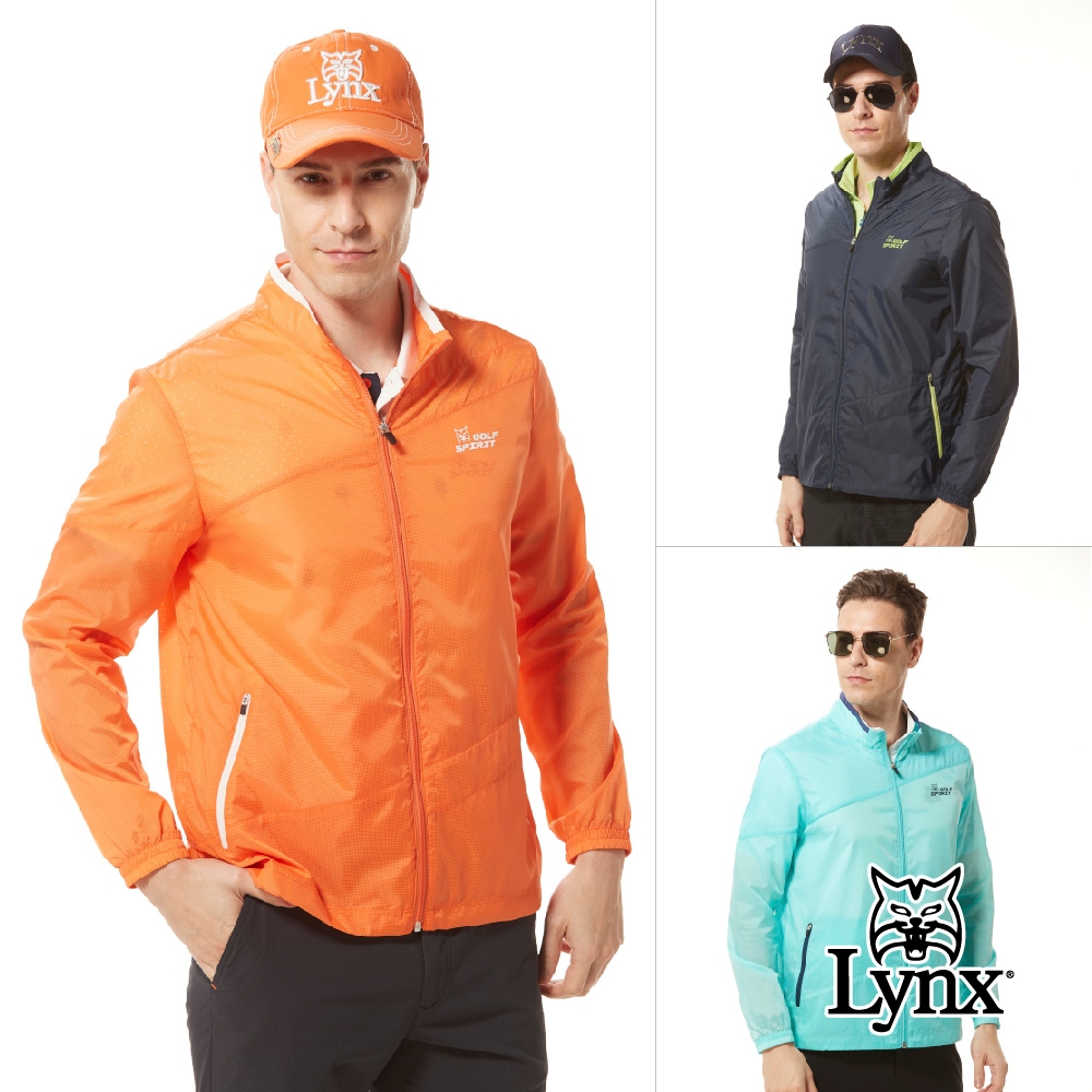 【Lynx Golf】男款輕量沖孔透氣布料剪裁斜紋造型拉鍊口袋長袖外套(三色) (橘色)