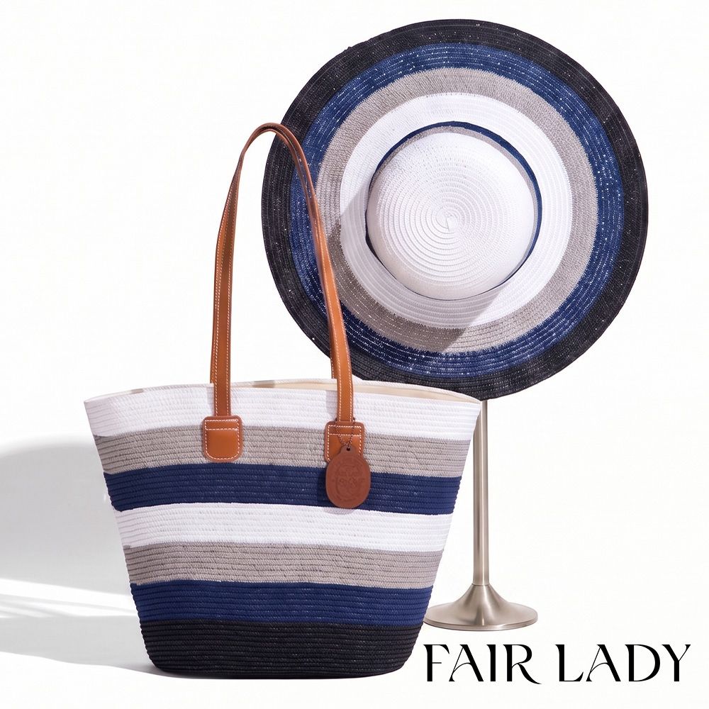 FAIR LADY 總監Eva選品 藍白條紋編織托特包 + 防曬寬沿草帽 兩件組 尼斯藍 (9A0038)