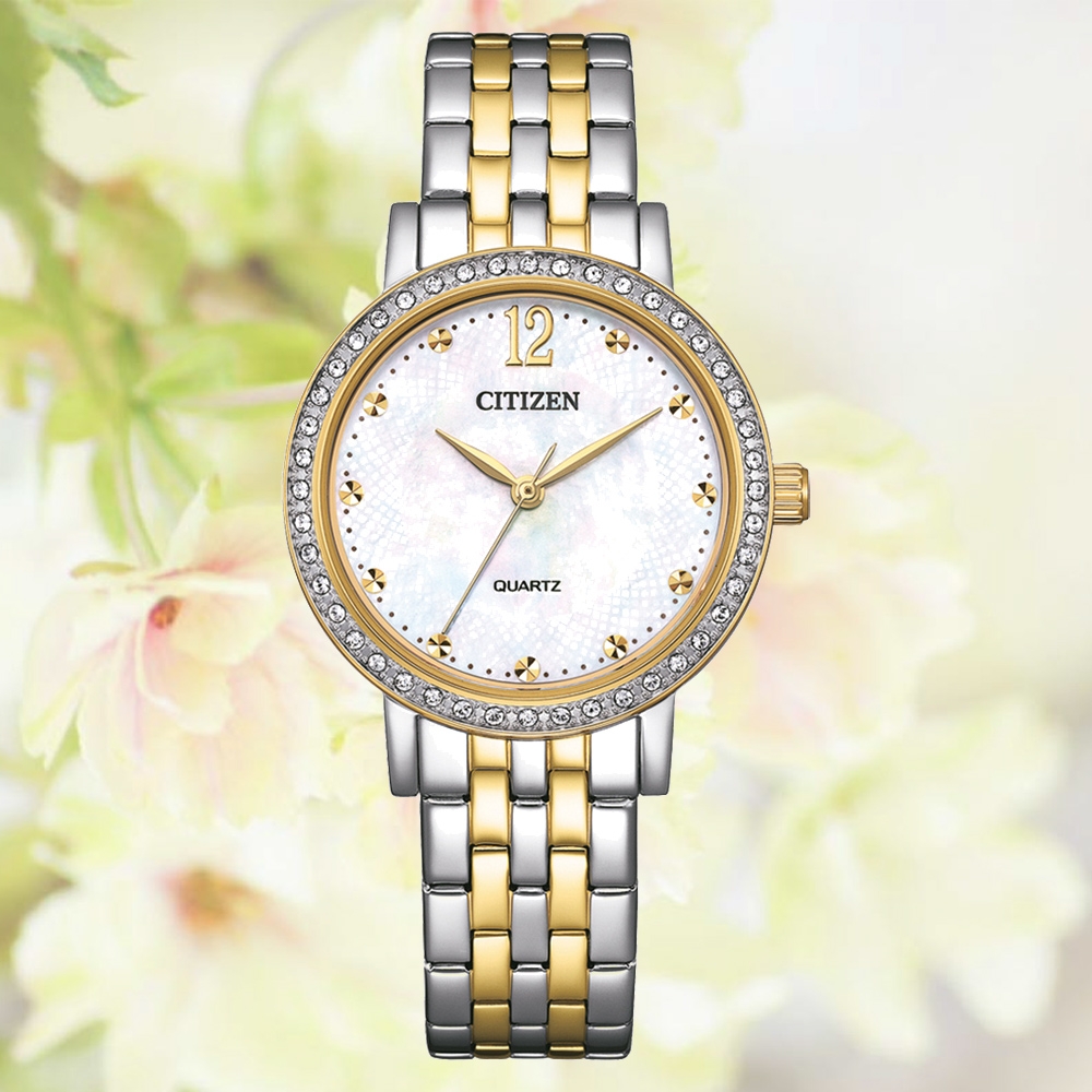 CITIZEN 星辰 LADYS 輕奢水晶鑽 白蝶貝 淡金石英錶 女錶 手錶 EL3104-54D 送禮 禮物 推薦