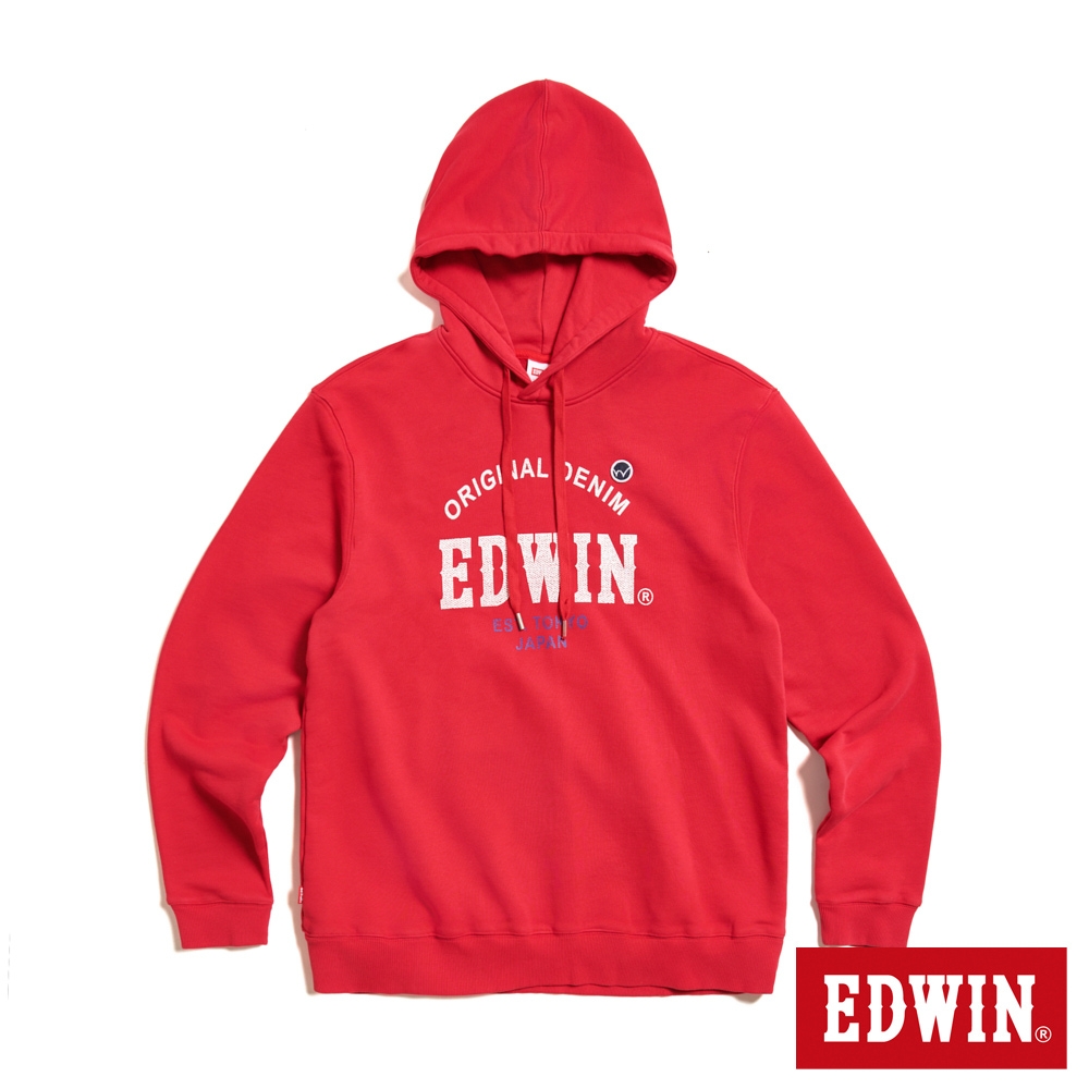 EDWIN 男裝 大英文字徽章長袖連帽T恤-紅色