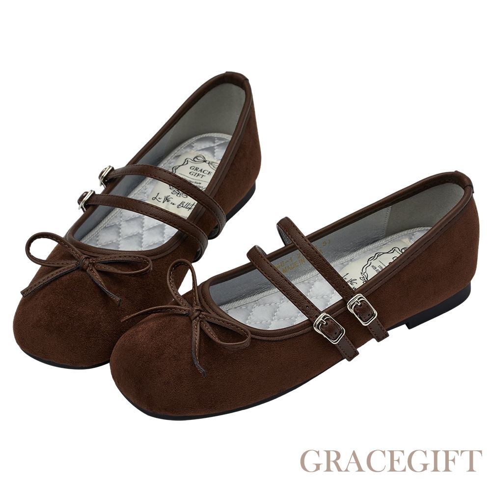 【Grace Gift】芭蕾女伶方頭雙帶平底瑪莉珍鞋 咖