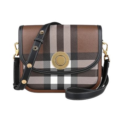BURBERRY Elizabeth 金屬LOGO塗層帆布滾邊小牛皮翻蓋按釦式斜背包(樺木棕x多色)