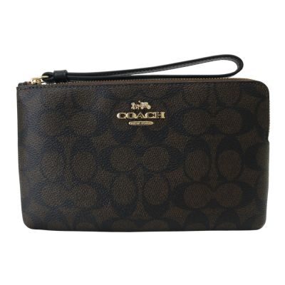 COACH 經典防刮PVC LOGO 拉鍊大手拿包(深咖色)